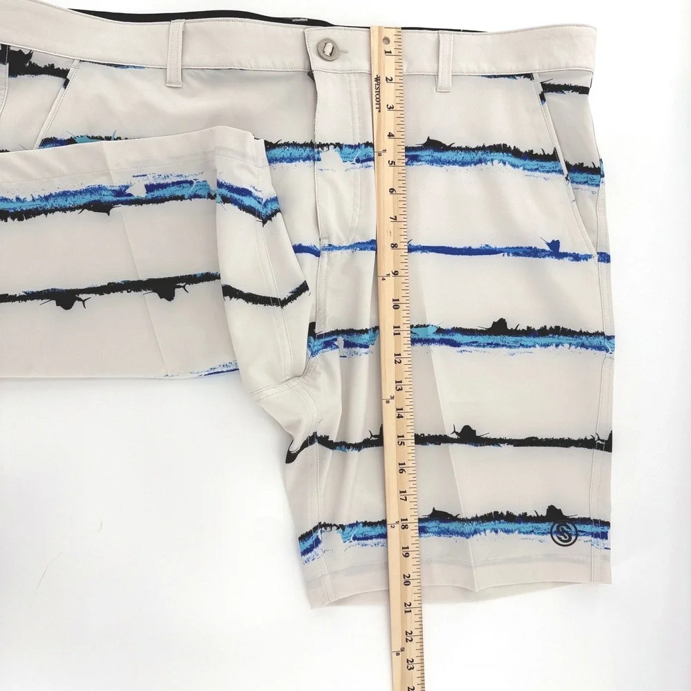 Scales White with Black/Blue Marlin Stripe Performance Fishing Shorts Mens40